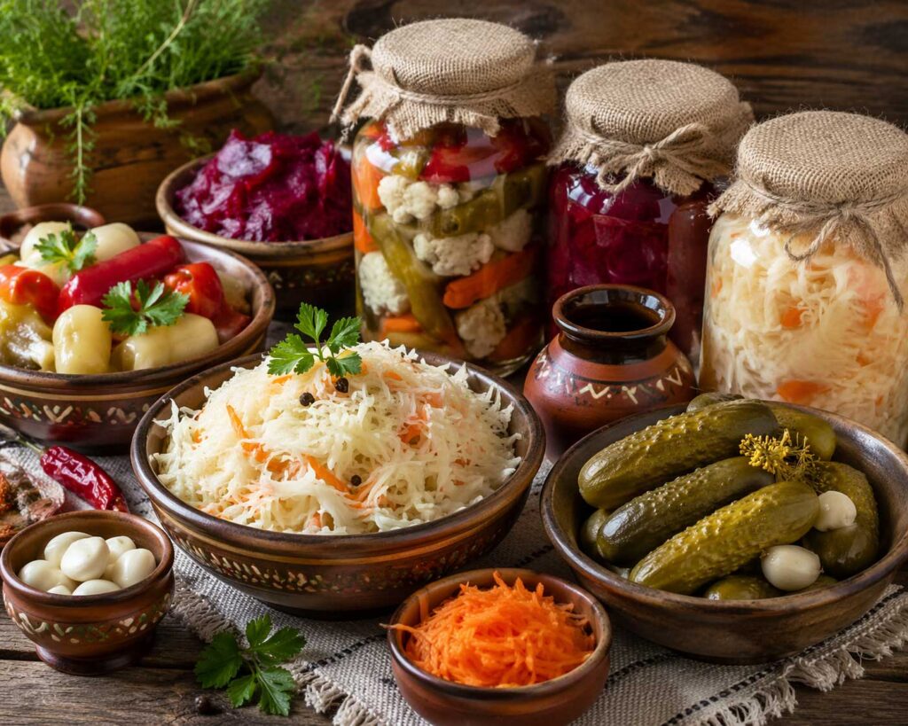 Traditional Bulgarian fermented foods including pickled vegetables and sauerkraut