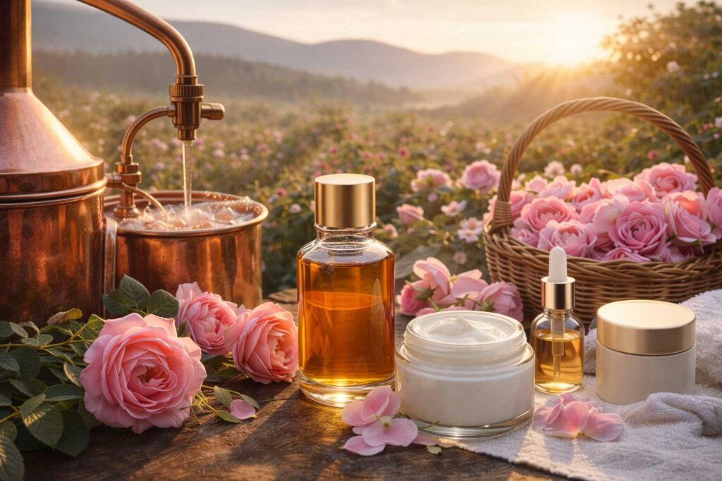 Bulgarian rose oil production and luxury cosmetic products