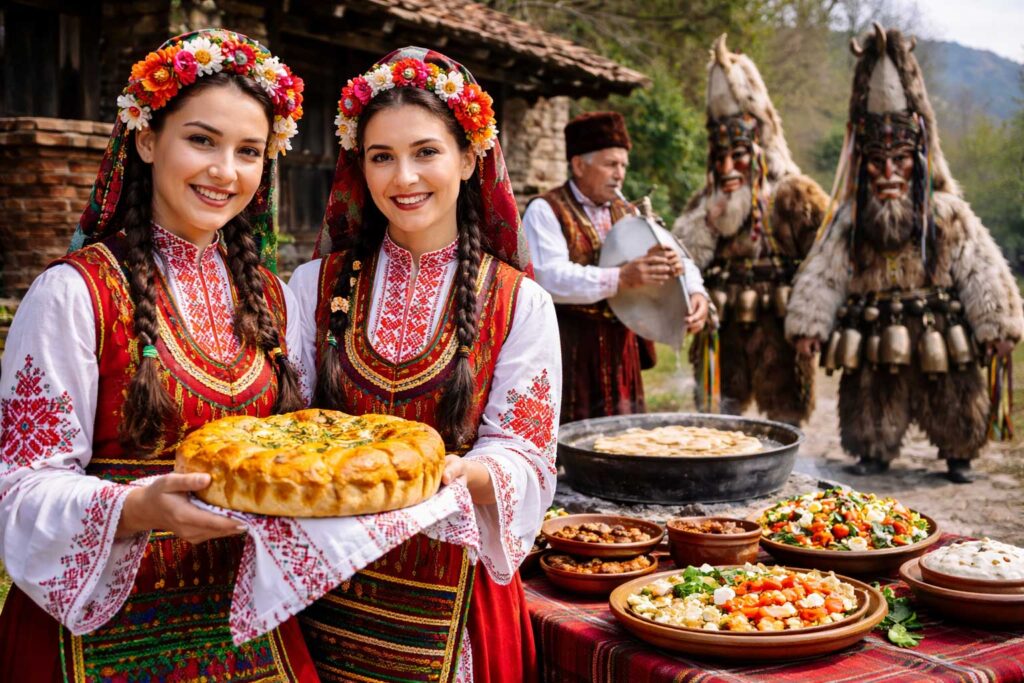Traditional Bulgarian festival with folk dancers, Kukeri masks, and authentic village food