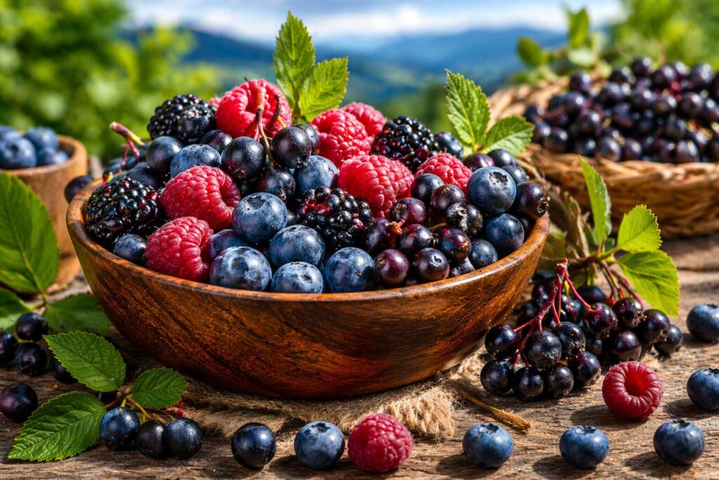 Wild Bulgarian berries including blueberries raspberries and aronia