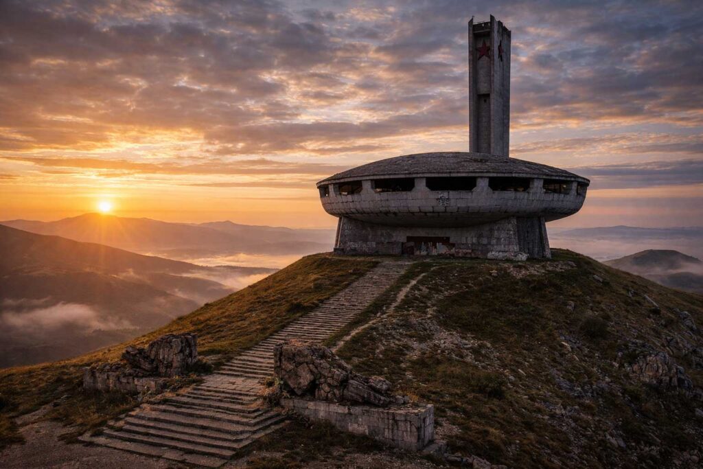 Buzludzha Monument abandoned UFO-shaped building in Bulgaria surrounded by fog