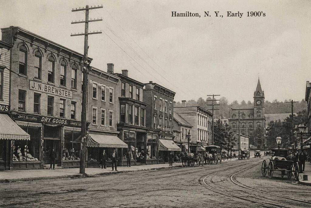 Hamilton, New York early 1900s main street with horse-drawn carriages