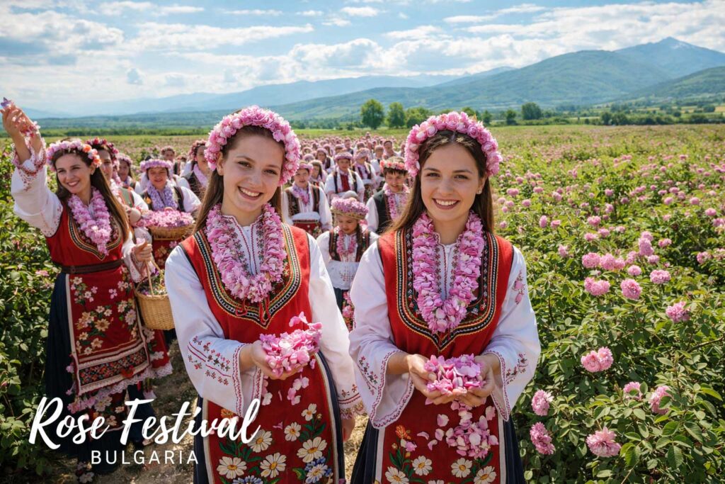 Bulgarian Rose Festival in Kazanlak with women in traditional costumes