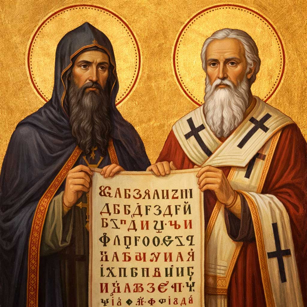 Orthodox icon of Saints Cyril and Methodius holding alphabet manuscript