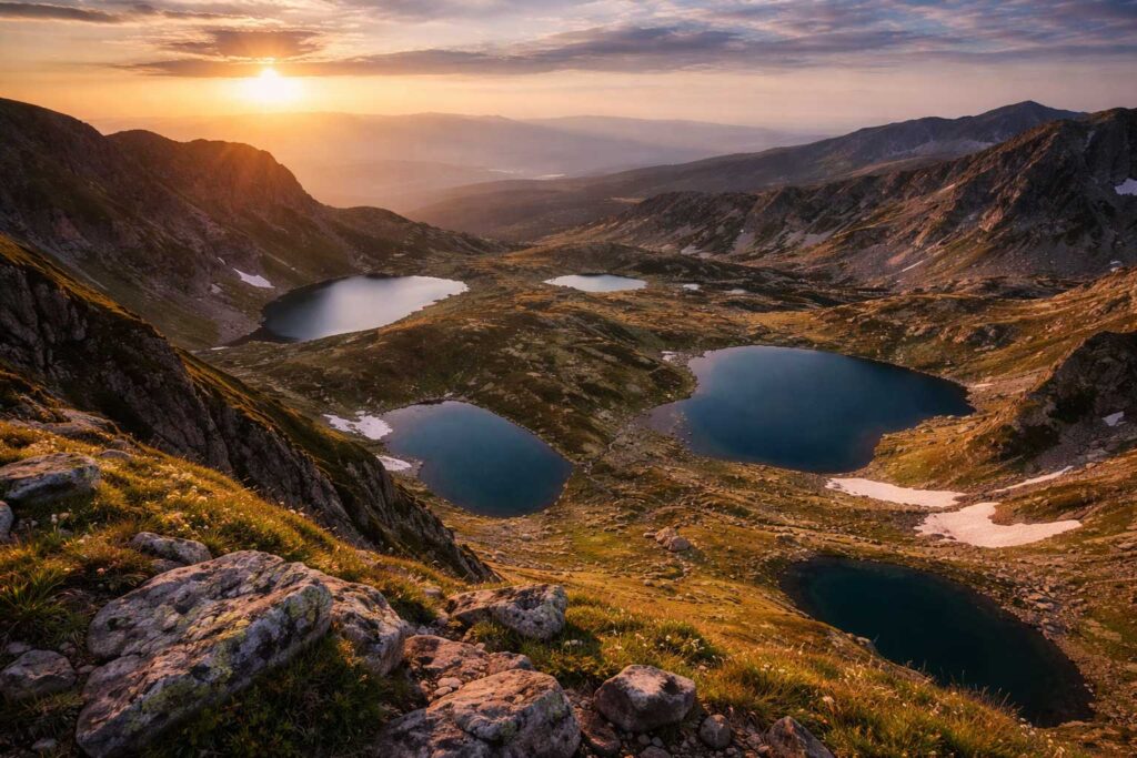 Seven Rila Lakes in Bulgaria with misty mountains and spiritual atmosphere