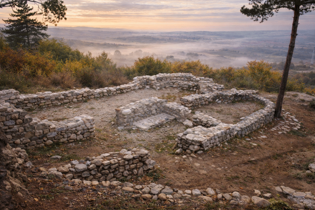 Shishmanovo Kale ancient fortress ruins in Bulgaria surrounded by forest and fog
