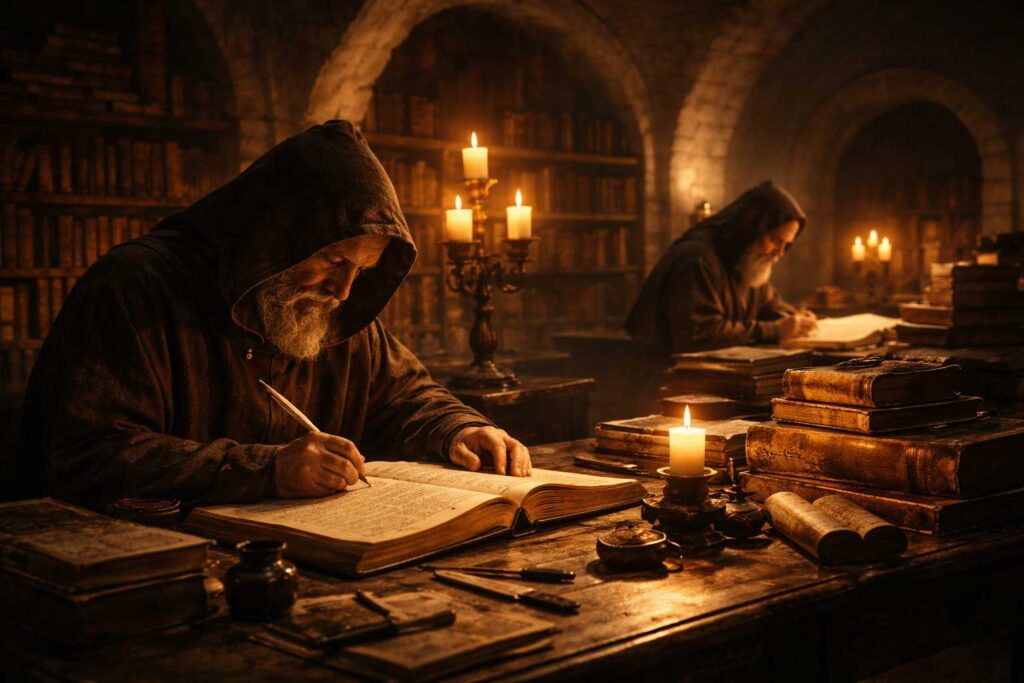 Tarnovo Literary School monks creating manuscripts in medieval Bulgaria