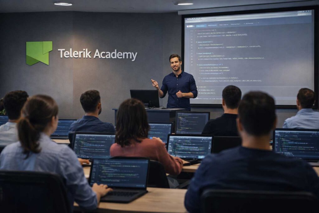 Telerik Academy students learning programming in a modern coding classroom