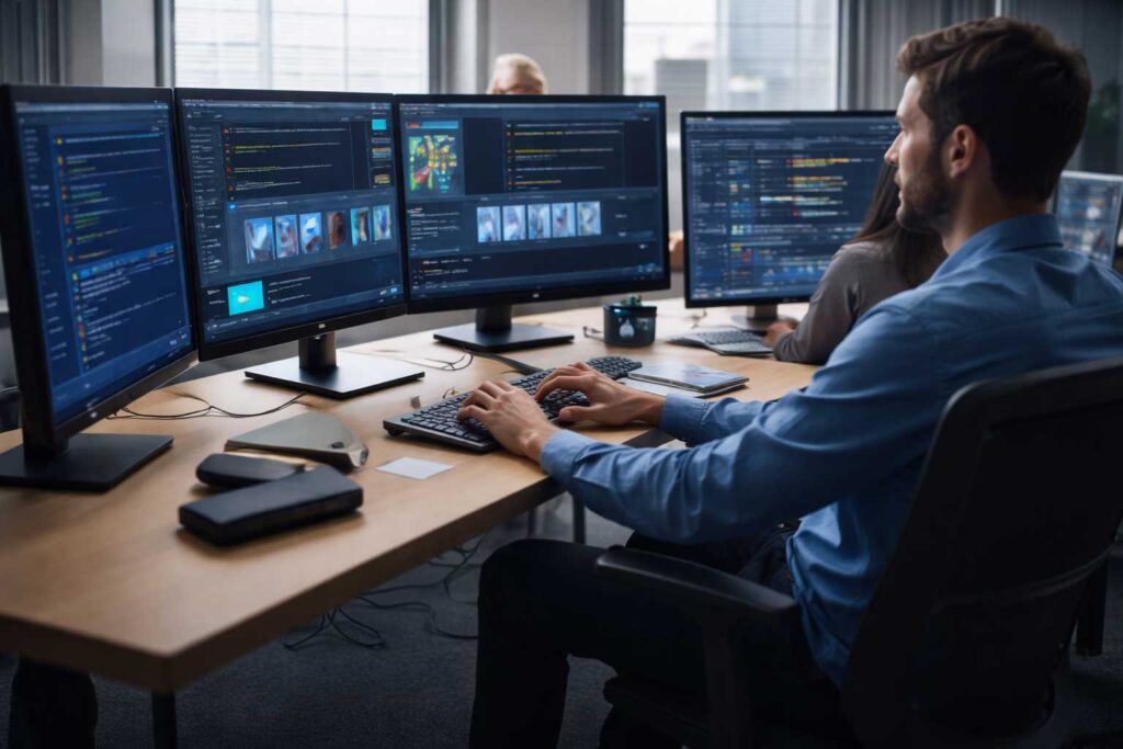 Telerik software developers from Bulgaria working on enterprise UI tools in a modern office