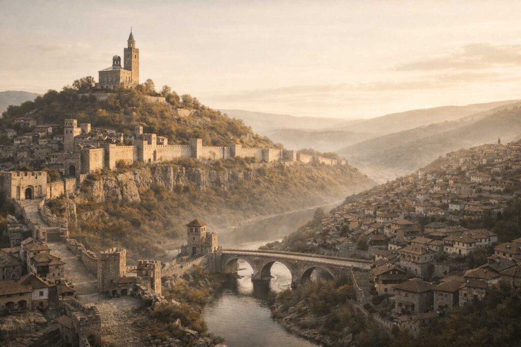Veliko Tarnovo medieval capital of Bulgaria with Tsarevets fortress on hill